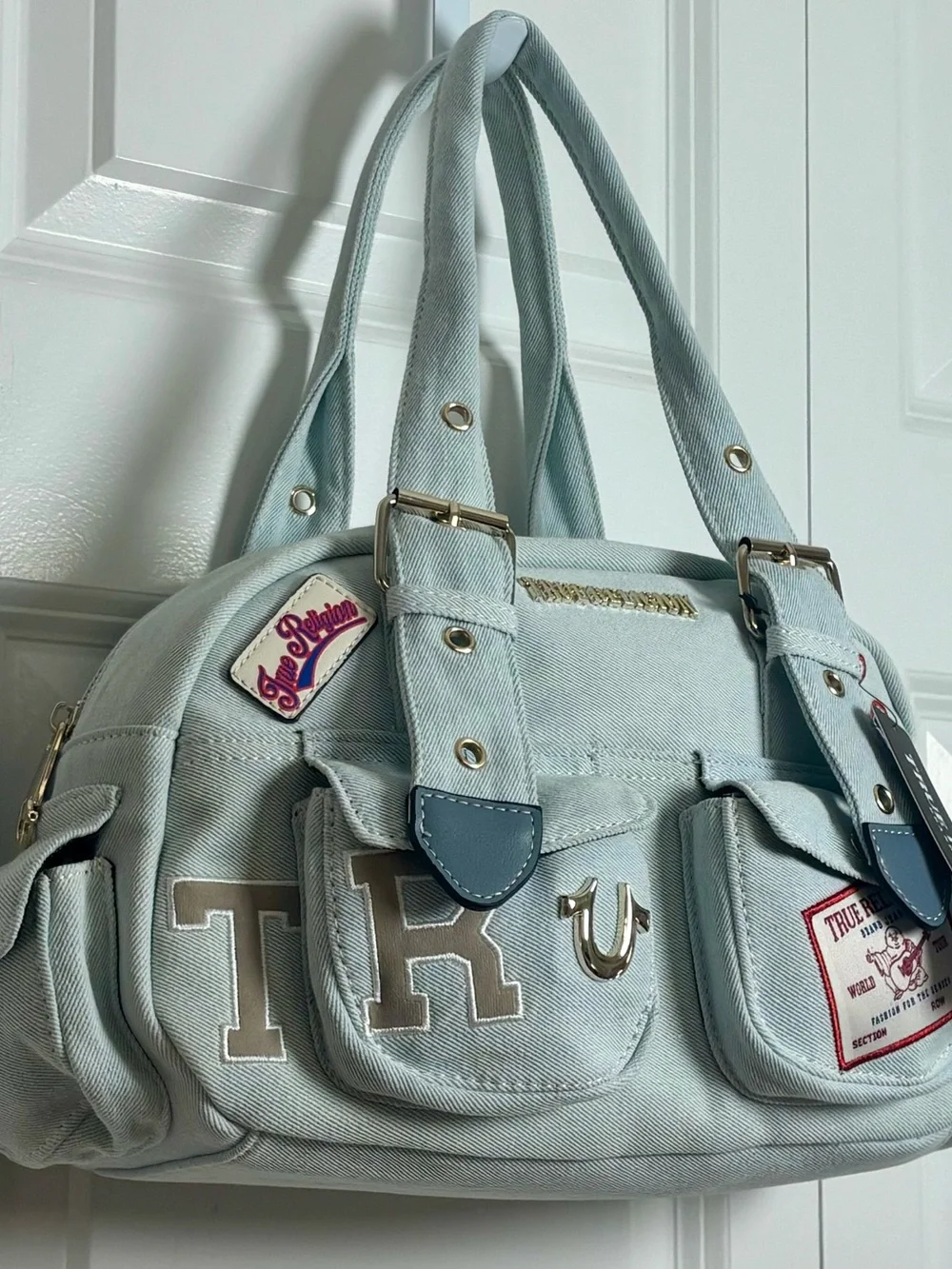 True Religion Light Blue Wash Patchwork Embroidered Satchel Handbag